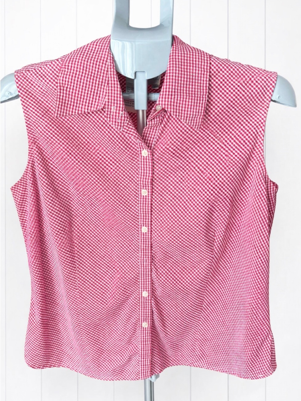 90's Sleeveless Pink Gingham  Blouse - Size L